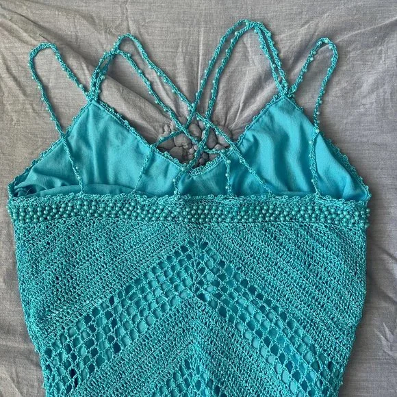 SOLD! 90s/ Y2K Beaded Blue Boho Tank Top with Fringe - Picture 7 of 8